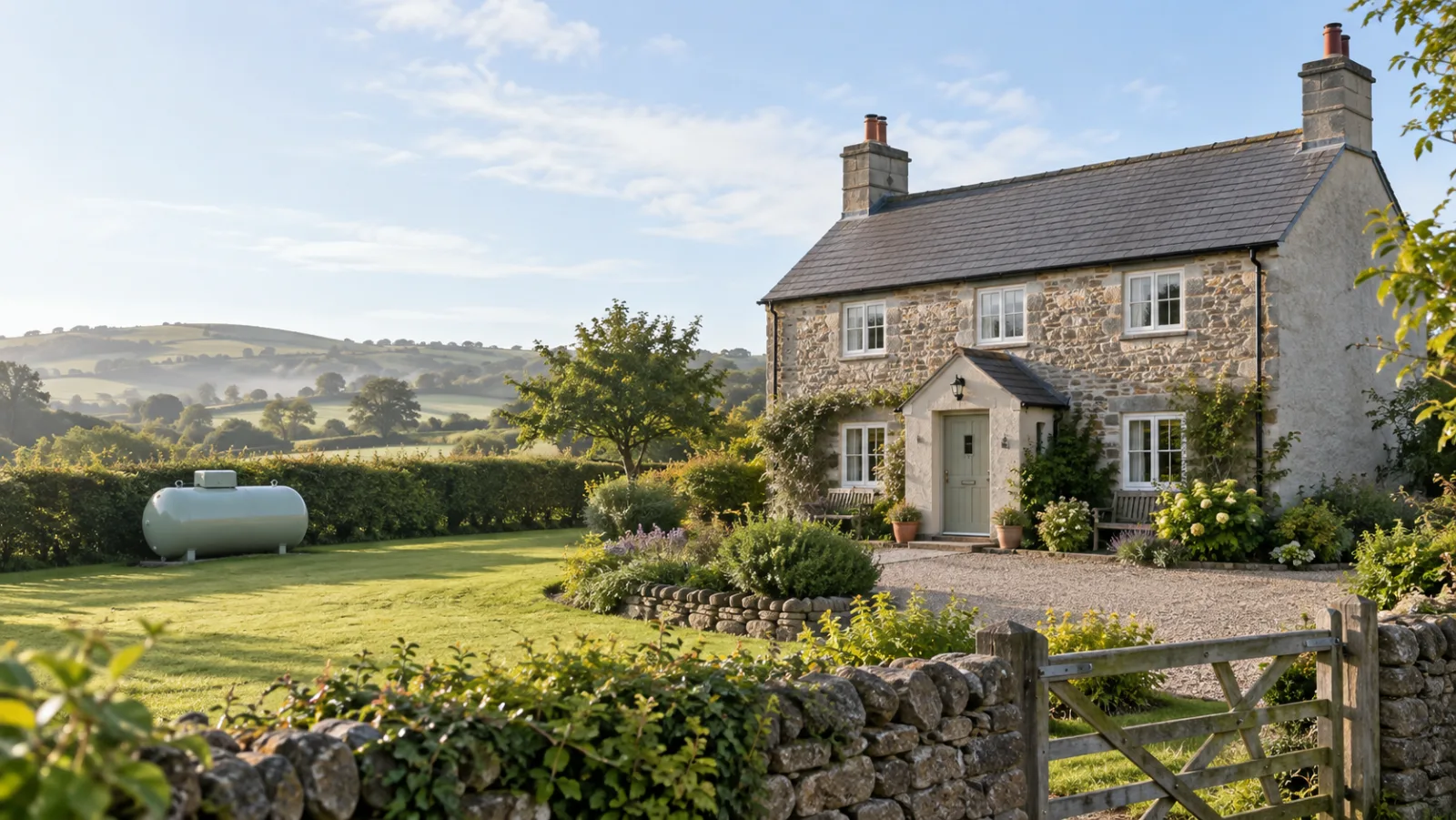 A rural British home with an above-ground LPG tank