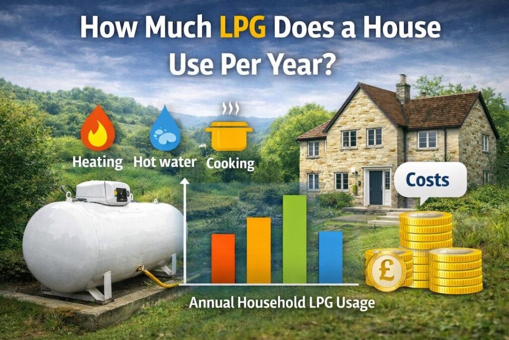 Illustration showing domestic LPG usage in a rural home with an LPG tank, house and cost comparison elements representing annual household consumption.