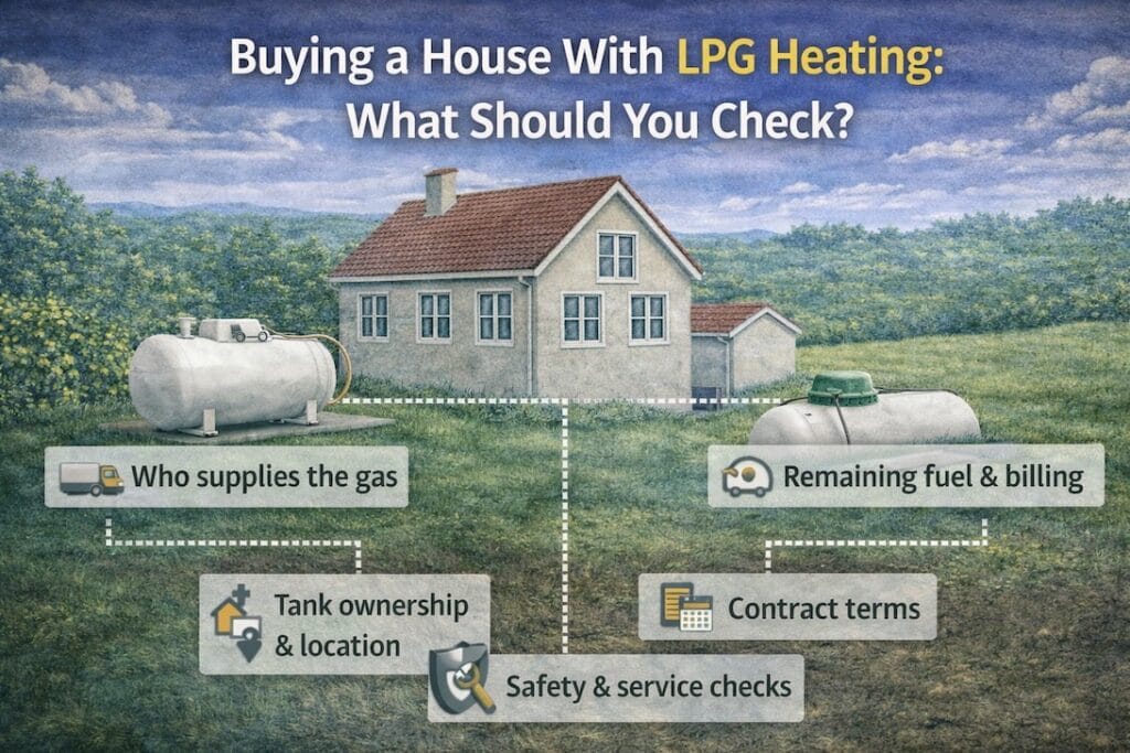Illustration of a rural house with an LPG tank, highlighting key checks when buying a home with LPG heating such as supply, tank ownership, billing and safety.