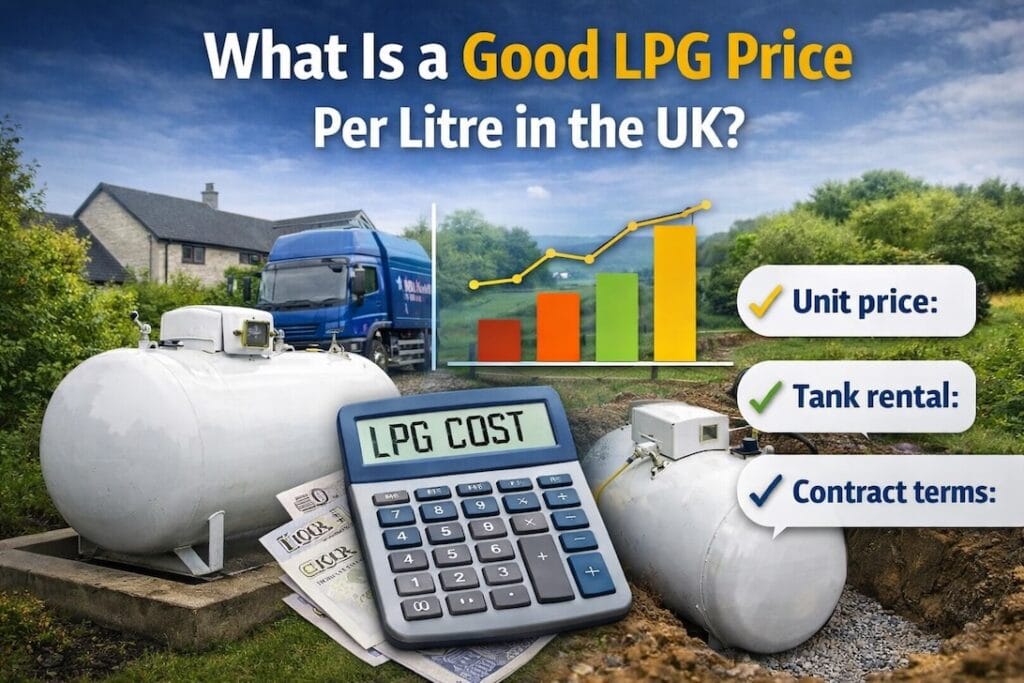 Illustration about LPG price per litre in the UK showing a domestic LPG tank, delivery lorry, calculator and comparison graphics for unit price, tank rental and contract terms.