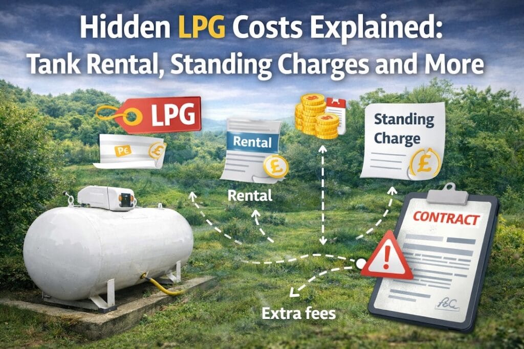 Illustration showing hidden LPG costs with a domestic LPG tank, pricing symbols and contract-related cost elements such as tank rental, standing charges and extra fees.