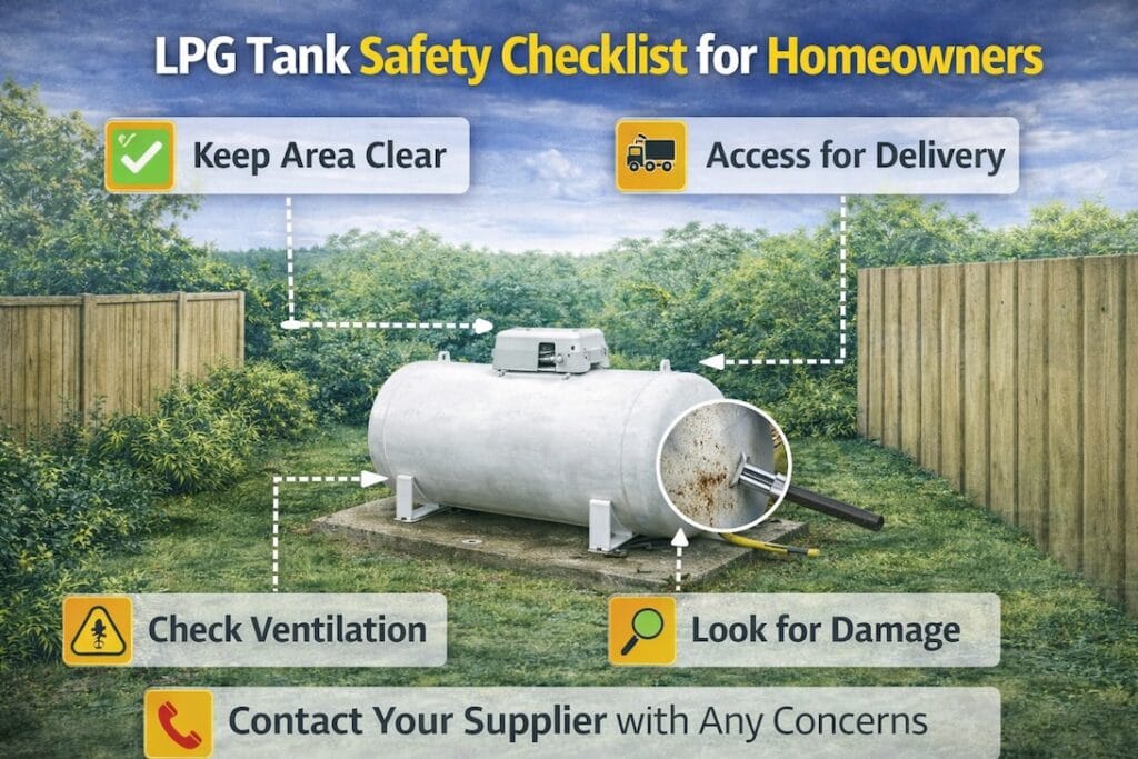 Illustration of a domestic LPG tank with safety checks around it, including clear space, access for delivery, ventilation and signs of damage.