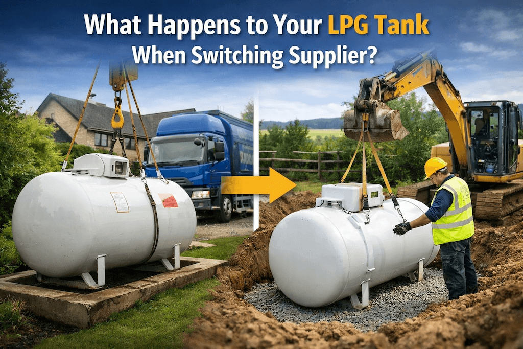 LPG tank switching supplier illustration showing an above-ground tank being lifted on one side and a replacement tank being installed beside an excavator on the other.