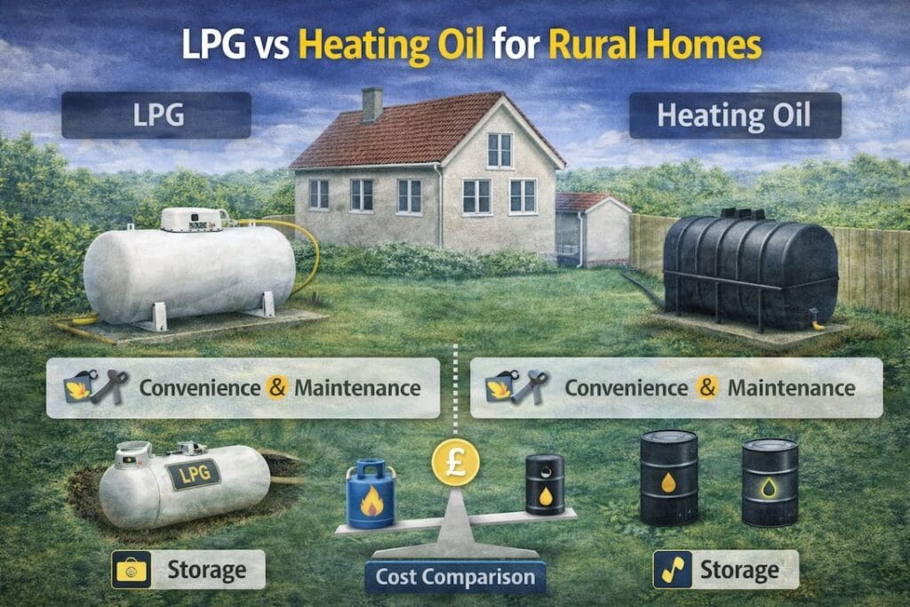 Illustration comparing LPG and heating oil for a rural home, showing fuel storage, home heating and cost comparison elements.