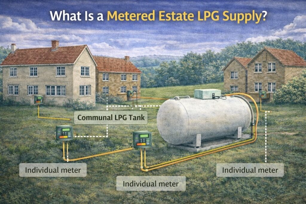 Illustration of several rural homes connected to a shared central LPG tank, showing how a metered estate LPG supply works.