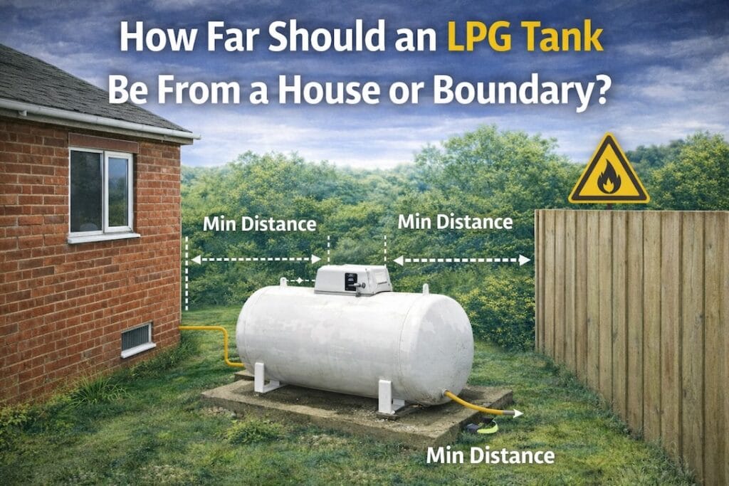 Illustration of a domestic LPG tank positioned safely away from a house, boundary and nearby features to represent LPG tank siting distances.