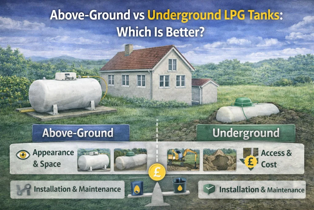 Illustration comparing above-ground and underground LPG tanks at a rural property, showing differences in appearance, installation and site suitability.